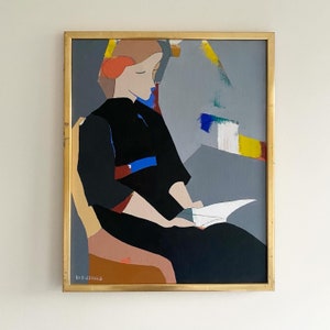 Swedish midcentury oil painting still-life woman abstract framed wall original