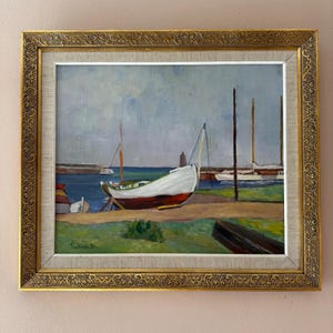 Mid-century large oil on panel still-life Swedish painting of boats in a harbour. Signed vintage original art framed from 1980s