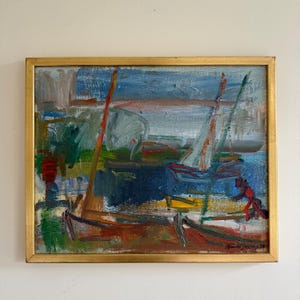 Sailing with Colour: mid-century Swedish oil on canvas painting of a lakeside water scene, framed - vintage original art signed by artist