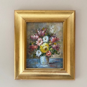 Swedish still life vintage oil painting of flowers midcentury art framed