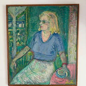 Large vintage mid-century Scandinavian oil on canvas still-life painting of a woman, bright colours, vivid, framed - vintage original art