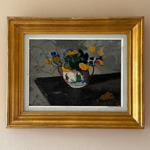 Yellow Flowers - Swedish mid-century still-life oil on canvas framed original art vintage