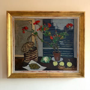 Mid-century oil on canvas still-life Swedish painting of geranium flower. Signed vintage original art framed