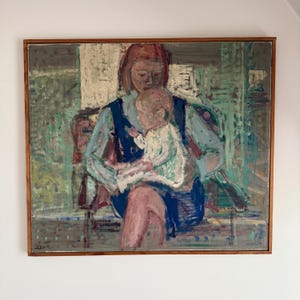 Large vintage mid-century Scandinavian oil on canvas still-life painting of a woman holding a child, framed - vintage original art