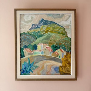 Large swedish mid-century oil on canvas impressionist painting of colourful landscape - vintage original art signed and framed