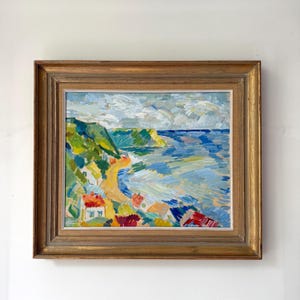 The Cove: mid-century Swedish oil on canvas landscape painting of village beach scene, framed - vintage original art