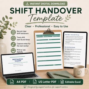 Può includere: Un modello digitale di passaggio di consegne visualizzato su uno schermo di un portatile, una cartellina e un tablet. Il documento include campi per orari di inizio e fine, compiti, benessere e note. Il testo include Shift Handover Template.