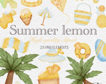 Watercolor summer lemon Clipart, seasonal clipart, fruit clipart, lemon layered clipart, summer sea clipart, instant download