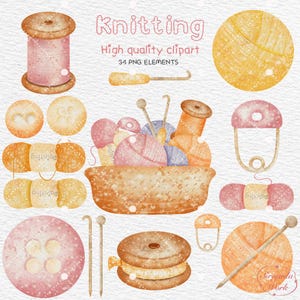 Watercolor knitting Clipart, Sewing Clipart, Crochet clipart, quilting clipart, Vintage Clipart, instant download, Commercial Use