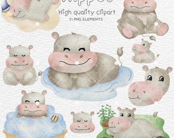 Watercolor Hippos Clipart, Baby Hippo Clipart, Kawaii Hippo, Hippopotamus Clipart, Safari Animal, instant download, Commercial Use