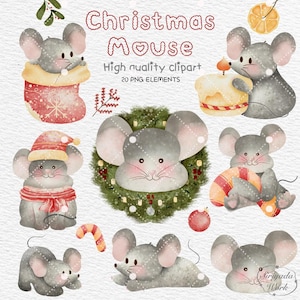Watercolor Christmas mouse Clipart, Holiday Mouse Clipart, Christmas Clipart, Christmas Animal Clipart, Cute Mouse, instant download