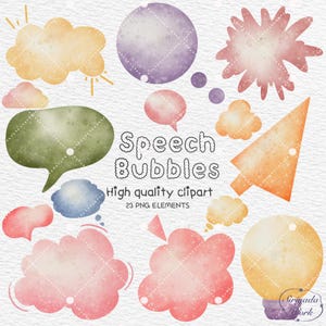 May include: A set of 23 watercolor speech bubbles in various colors and shapes, including circles, clouds, stars, and arrows. The text "Speech Bubbles" and "High quality clipart" is included in the image.