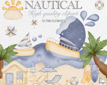 Watercolor Nautical Clipart, Beach Clipart, Travel Clipart, Ocean clipart, Marine clipart, Summer Clipart, beach sea clipart.