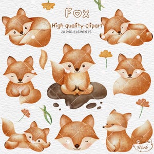 Aquarell Fuchs Clipart, Tiere Clipart, Baby Fuchs PNG, Waldland Fuchs PNG, Kinderzimmer Dekor, Baby-Dusche-Dekor, sofortiger Download, kommerzielle Nutzung