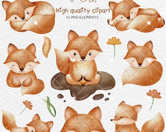 Aquarel Fox Clipart, dieren Clipart, Baby Fox PNG, Woodland Fox png, Decor van de kinderkamer, Decor van de babyshower, instant download, commercieel gebruik