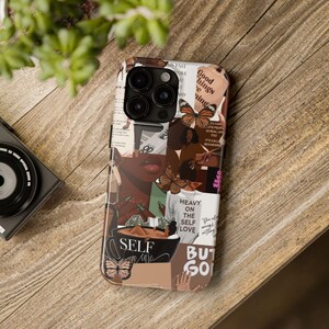May include: A smartphone case featuring a collage design with warm brown and neutral tones. The graphic includes butterflies, a person, and text elements such as "HEAVY ON THE SELF LOVE" and "SELF CARE" printed on a mug illustration.