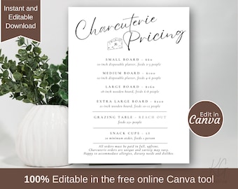 Charcuterie Pricing Sheet Template, Editable Canva Menu (Digital Download)
