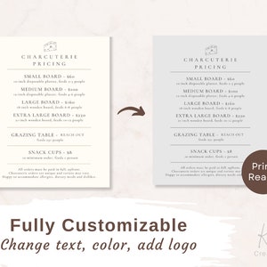 May include: A customisable charcuterie pricing menu template with a grey background and brown text. The menu lists different sizes of boards, a grazing table option, and snack cups. The text includes the price for each option and the number of people each option feeds. The menu also includes a note that all orders must be paid in full upfront and that the charcuterie orders are unique and variety may vary. The menu also states that they are happy to accommodate allergies, dietary needs and dislikes.