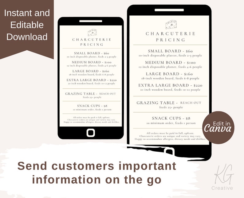 May include: A black and white image of a smartphone screen displaying a price list for charcuterie boards. The list includes prices for small, medium, large, and extra large boards, as well as grazing tables and snack cups. The text "Edit in Canva" is visible in the bottom right corner of the image.