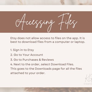 May include: A white text graphic on a brown background with the text "Accessing Files". The text below explains how to access digital files purchased on Etsy. The text reads: "Etsy does not allow access to files on the app. It is best to download files from a computer or laptop. 1. Sign in to Etsy 2. Go to Your Account 3. Go to Purchases & Reviews 4. Next to the order, select Download Files. This goes to the Downloads page for all the files attached to your order."