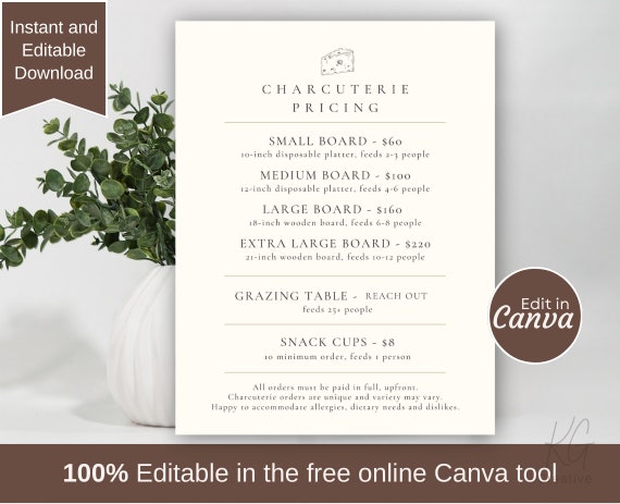 Editable Charcuterie Pricing Sheet Template (Canva, PDF)