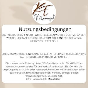 Peut inclure: Un fond beige avec du texte en allemand. Le texte comprend "Nutzungsbedingungen" et "KE Manufaktur". Le texte d&eacute;crit les conditions d'utilisation d'un fichier num&eacute;rique, y compris l'utilisation commerciale et les restrictions.