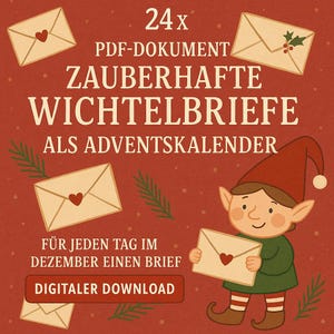 Könnte beinhalten: Werbung für einen digitalen Download mit rotem Hintergrund. Das Bild zeigt einen Cartoon-Elf, der einen Umschlag mit einem Herzen hält. Der Text enthält "24x PDF-Dokument Zauberhafte Wichtelbriefe als Adventskalender" und "Für jeden Tag im Dezember einen Brief."