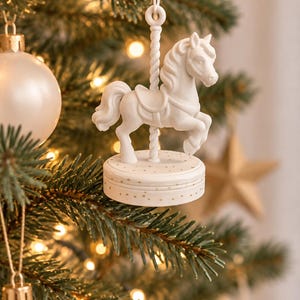 May include: A white carousel horse ornament featuring a sculpted horse attached to a central twisted pole and a circular base decorated with small gold dots. The ornament hangs from a thin string loop for display on a tree branch.