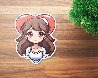 Kawaii Anime Girl Heart Balloon Decal, Cute Mascot Character Sticker, Chibi Art Laptop Decoration, Manga Enthusiast Gift Idea