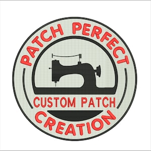 Puede incluir: Un parche redondo gris y rojo con el texto "PATCH PERFECT CUSTOM PATCH CREATION" en rojo. Una silueta negra de una máquina de coser está en el centro.