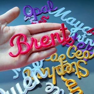 Könnte beinhalten: Eine Sammlung bunter gestickter Stoffpatches mit Namen wie "Brent", "May", "Opal" und "George".