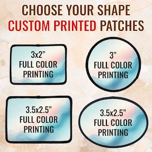 Könnte beinhalten: Vier verschiedene Größen von bedruckten Patches. Die Patches sind in den Größen 7,62 x 5,08 cm, 7,62 cm Durchmesser, 8,89 x 6,35 cm und 8,89 x 6,35 cm oval erhältlich. Alle Patches sind in Vollfarbe.