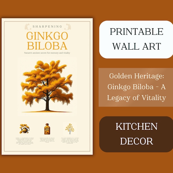 Golden Heritage: Ginkgo Biloba - A Legacy of Vitality - Printable Poster- Kitchen Decor Wall Art, Herbal Printable Poster