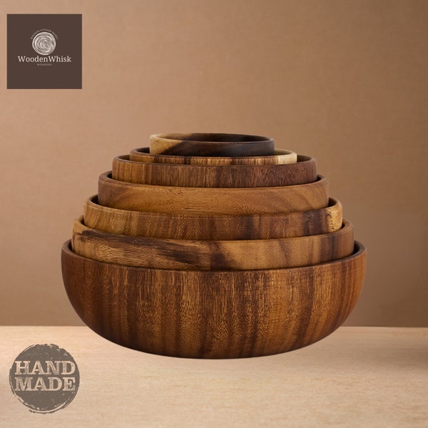 Handmade Wood Bowl: Elegant Solid Acacia Bowl for Salad, Fruits, and Noodles - Aesthetic Rustic Kitchenware Creation