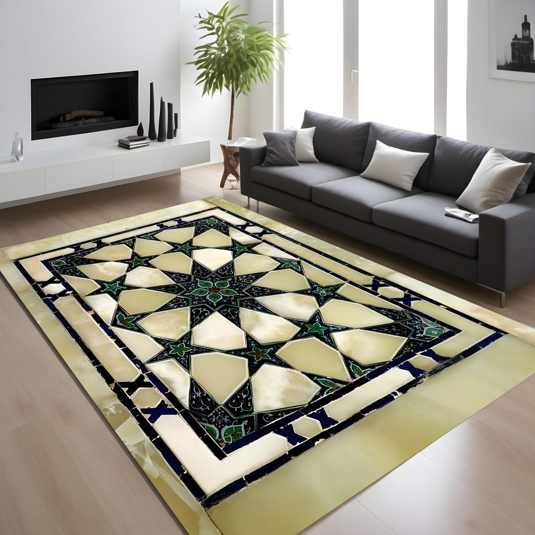 Bright Tile Rug Star Tile Rug,mosaic Tile Decor,middle Eastern Rug,starburst Rug,living ...