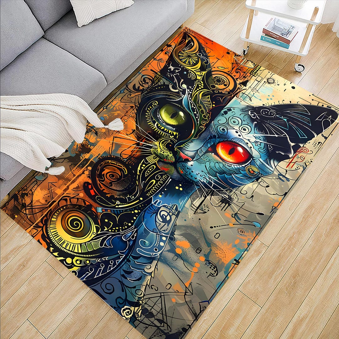 Cat Art Rug,bohemian Animal Rug,funky Cat Rug,surreal Cat Painting ...