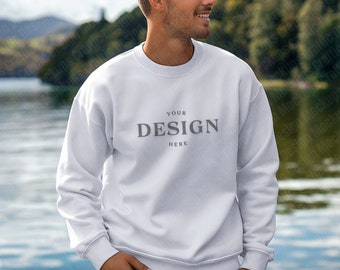 Gildan 18000 Sweatshirt | Male Model | White Crewneck | Simple Mock-ups | Oversized Sweatshirt | Instant Digital Download | Outdoor Mock-up