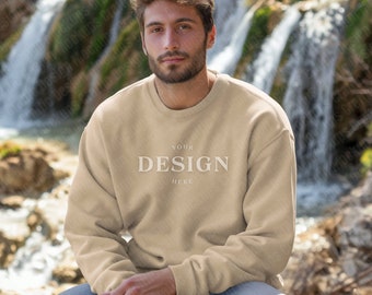 Gildan 18000 Sweatshirt | Sand Crewneck | Hiking Mock-ups | Oversized Sweatshirt | Digital Download | Outdoor Mock-up | Male Model