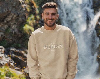 Gildan 18000 Sweatshirt | Sand Crewneck | Adventure Mock-ups | Oversized Sweatshirt | Digital Download | Outdoor Mock-up | Male Model