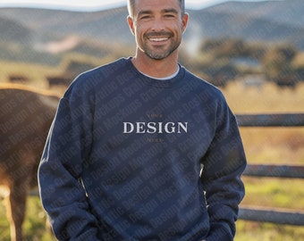 Gildan 18000 Sweatshirt | Navy Crewneck | Country Mock-ups | Oversized Jumper  |  Digital Download | Outdoor | Male Model | Cowboy