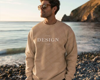 Gildan 18000 Sweatshirt | Sand Crewneck | Coastal Mock-ups | Oversized Jumper | Digital Download | Outdoor Mock-up | Male Model | Fitness