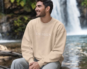 Gildan 18000 Sweatshirt | Sand Crewneck | Hiking Mock-ups | Oversized Sweatshirt | Digital Download | Outdoor Mock-up | Male Model