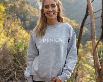 Gildan 18000 Sweatshirt | Sports Grey Crewneck | Hiking Mock-ups | Active Wear | Digital Download | Outdoor Mock-up | Woman's Jumper