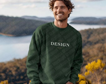 Gildan 18000 Sweatshirt | Military Green Crewneck | Coastal/Outdoor Mock-up | Hiking | Oversized Jumper | Digital Download | Male Model