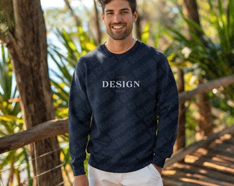 Gildan 18000 Sweatshirt | Navy Crewneck | Active Mock-ups | Oversized Sweatshirt | Digital Download | Outdoor Mock-up | Male Model | Fitness