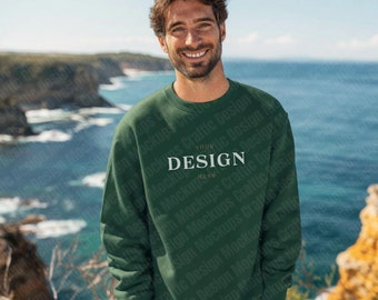 Gildan 18000 Sweatshirt | Military Green Crewneck | Coastal/Outdoor Mockup | Hiking | Oversized Jumper | Digital Download | Male Model