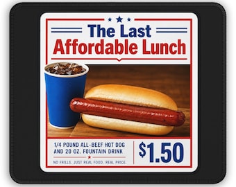 The Last Affordable Lunch Mouse Pad | Retro Hot Dog & Soda Design