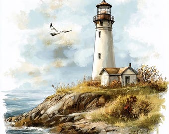 Rustic Shore Lighthouse Clip Art Bundle – Hand‑Drawn Nautical PNG Graphics, Printable Decor for Beach Wall Art, Set of 4 Instant Download
