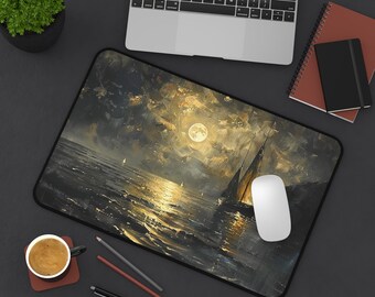 San Diego Bay Moonlight Desk Mat – Large Mouse Pad with White Oil Painting, Non‑Slip Office Decor Accessory, Gift for Home and Studio