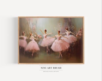 Può includere: Una stampa incorniciata raffigurante una scena di balletto. L'opera mostra ballerine in tutù rosa, con le braccia tese, in uno stile morbido e pittorico. Il testo "NINI ART BRUSH" e "HERITAGE PRINTS ARTISTRY" è in basso.